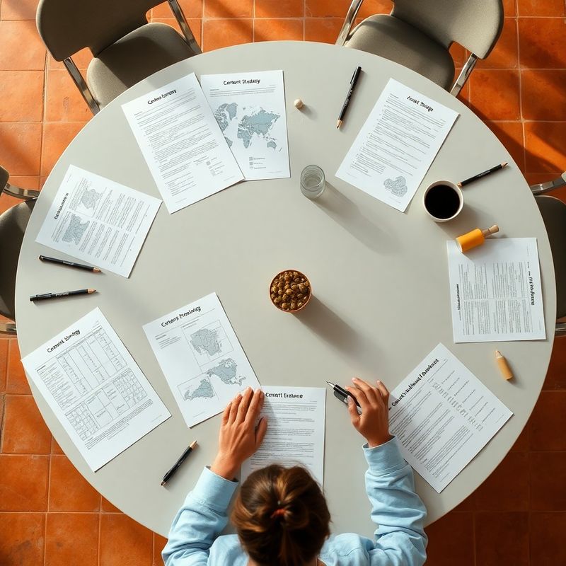 Mesa de taller de estrategia editorial con mapas de audiencia