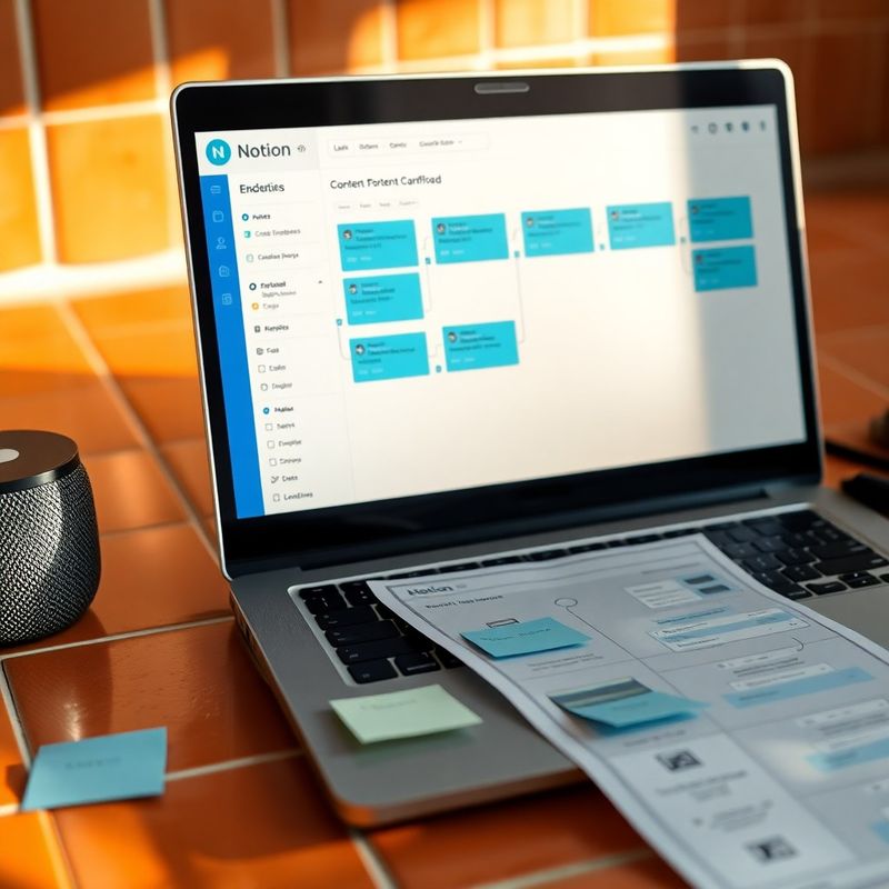 Pipeline de contenido en Notion mostrado en un portátil
