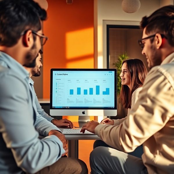 Equipo de marketing colaborando alrededor de un pipeline de contenido